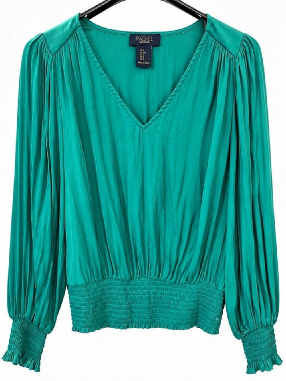 RACHEL Rachel Roy Emerald Green Satin Smocked Blouse Size Small V-neck